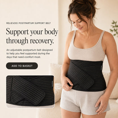 Woman wearing the black Relievoo postpartum support belt with the belt shown flat beside her rvpumpen rvhasar