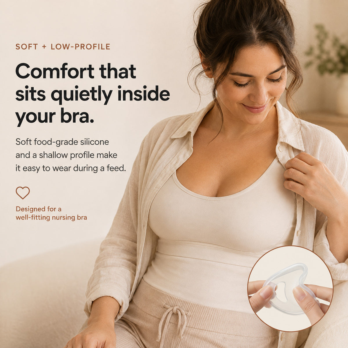 Relievoo breast milk collector worn discreetly inside a nursing bra thanks to its low profile rvpumpen rvhasar