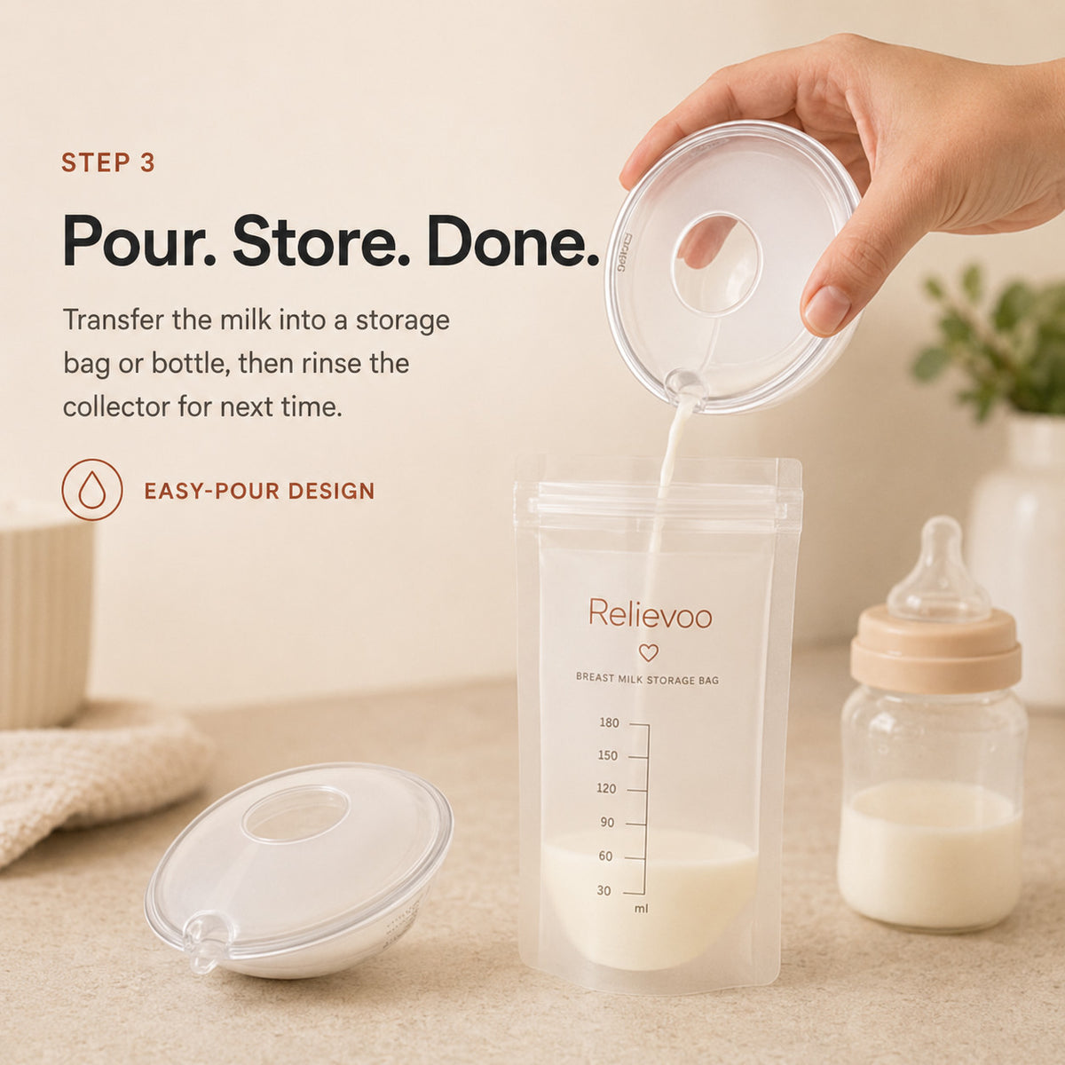 Pouring milk from a Relievoo breast milk collector into a Relievoo breast milk storage bag rvpumpen rvhasar