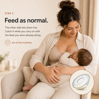 Mum breastfeeding her baby while a Relievoo collector catches the letdown on the other side rvpumpen rvhasar