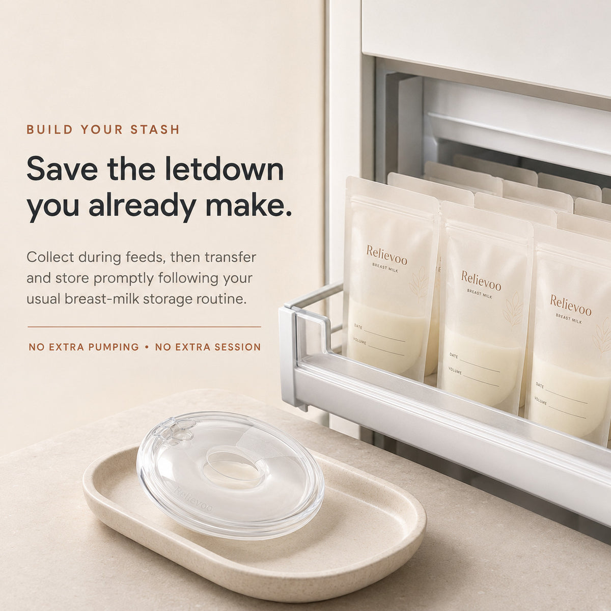 Relievoo breast milk storage bags filled and stored in a freezer drawer beside a collector rvpumpen rvhasar