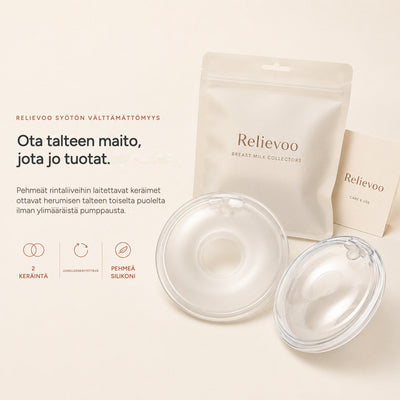 Relievoo breast milk collectors with their storage pouch and use and care card on a cream background rvpumpen rvhasar
