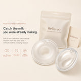 Relievoo breast milk collectors with their storage pouch and use and care card on a cream background rvpumpen rvhasar