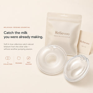 Relievoo breast milk collectors with their storage pouch and use and care card on a cream background rvpumpen rvhasar