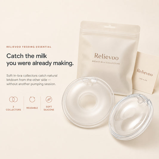 Relievoo breast milk collectors with their storage pouch and use and care card on a cream background rvpumpen rvhasar