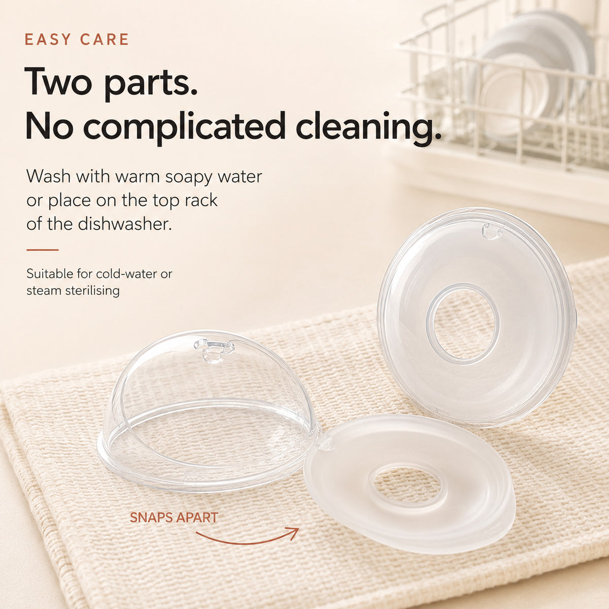 Relievoo breast milk collector snapped apart into its two parts for easy cleaning beside a dish rack rvpumpen rvhasar