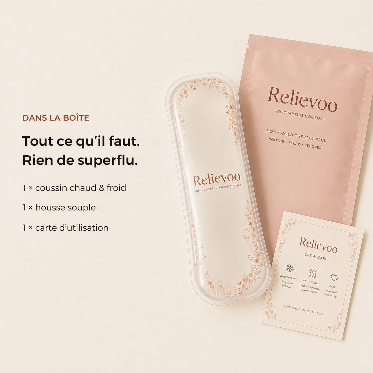 Contenu de la boîte : coussin périnéal Relievoo, pochette souple et carte d'utilisation et d'entretien
