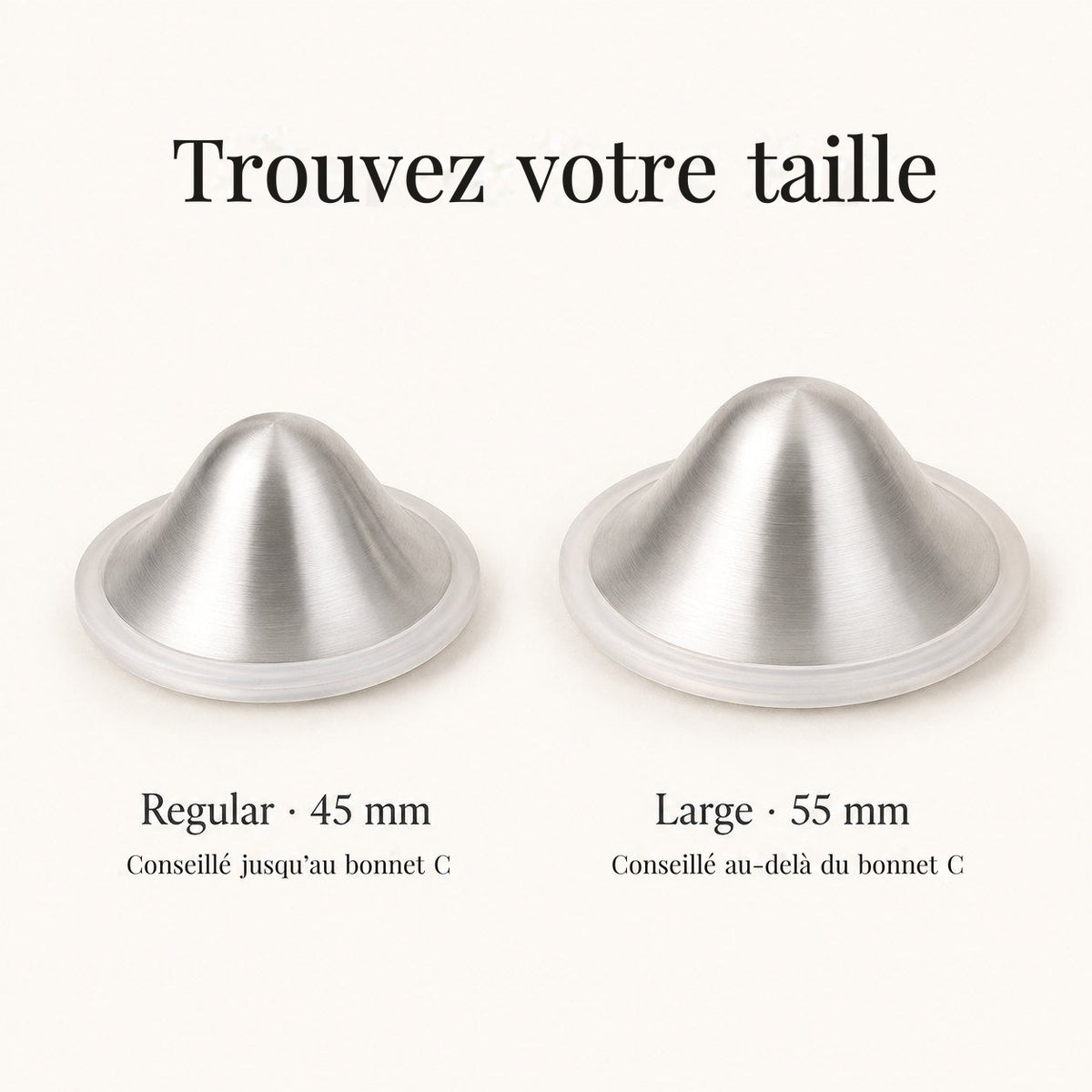 Les deux tailles de cupules d’allaitement en argent Relievoo, Regular 45 mm et Large 55 mm