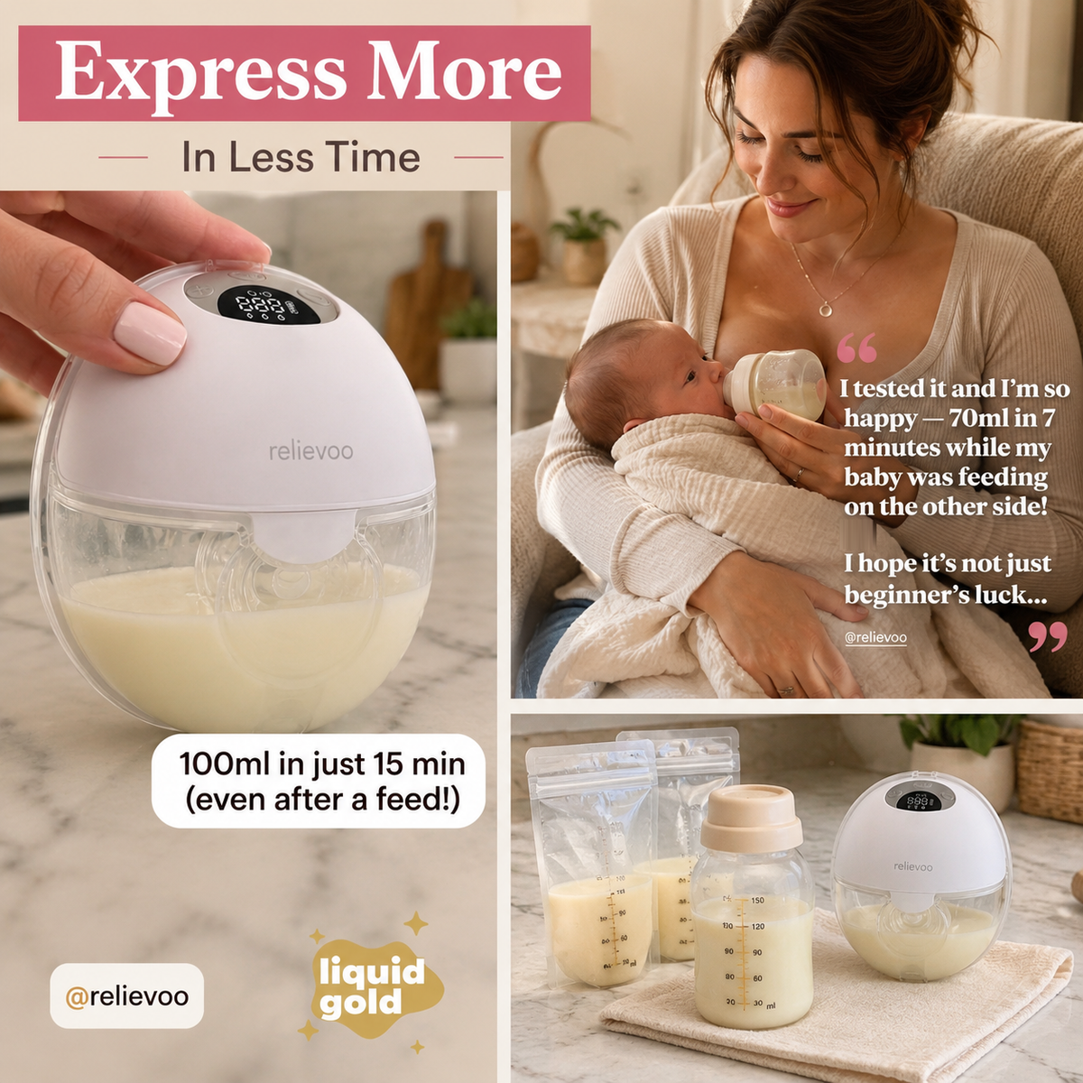 Relievoo M22 PRO2 wearable breast pump collecting 100 ml in just 15 minutes, with a mum's review of 70 ml expressed in 7 minutes while her baby fed on the other side rvpumpen rvhasar