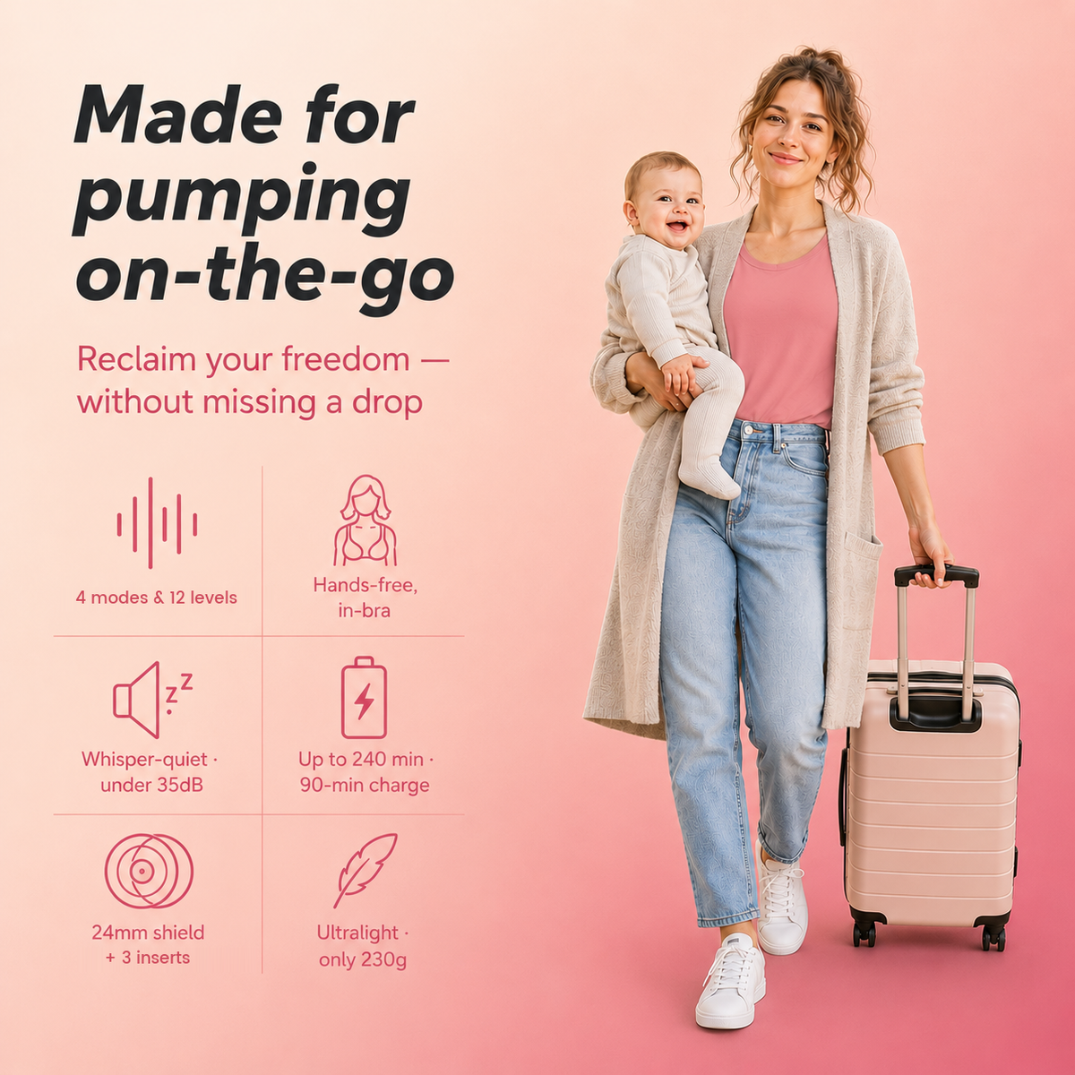 Mum carrying her baby and a suitcase with the Relievoo M22 PRO2 wearable breast pump: 4 modes, 12 levels, hands-free in-bra, up to 240 min battery rvpumpen rvhasar