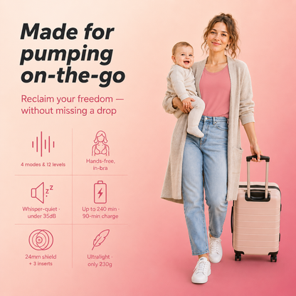 Mum carrying her baby and a suitcase with the Relievoo M22 PRO2 wearable breast pump: 4 modes, 12 levels, hands-free in-bra, up to 240 min battery rvpumpen rvhasar