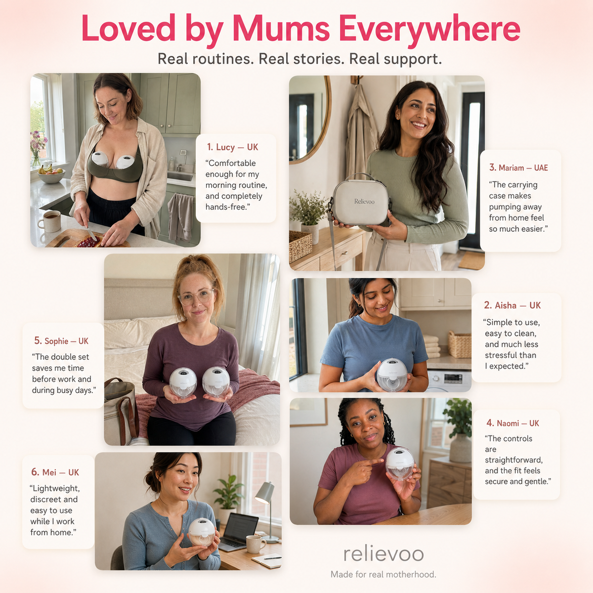 Relievoo M22 PRO2 wearable breast pump customer feedback: six mums share how they use the hands-free double pump at home, at work and on the go, with the Relievoo carrying case rvpumpen rvhasar