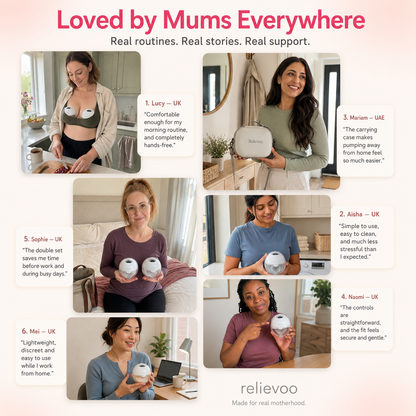 Relievoo M22 PRO2 wearable breast pump customer feedback: six mums share how they use the hands-free double pump at home, at work and on the go, with the Relievoo carrying case rvpumpen rvhasar