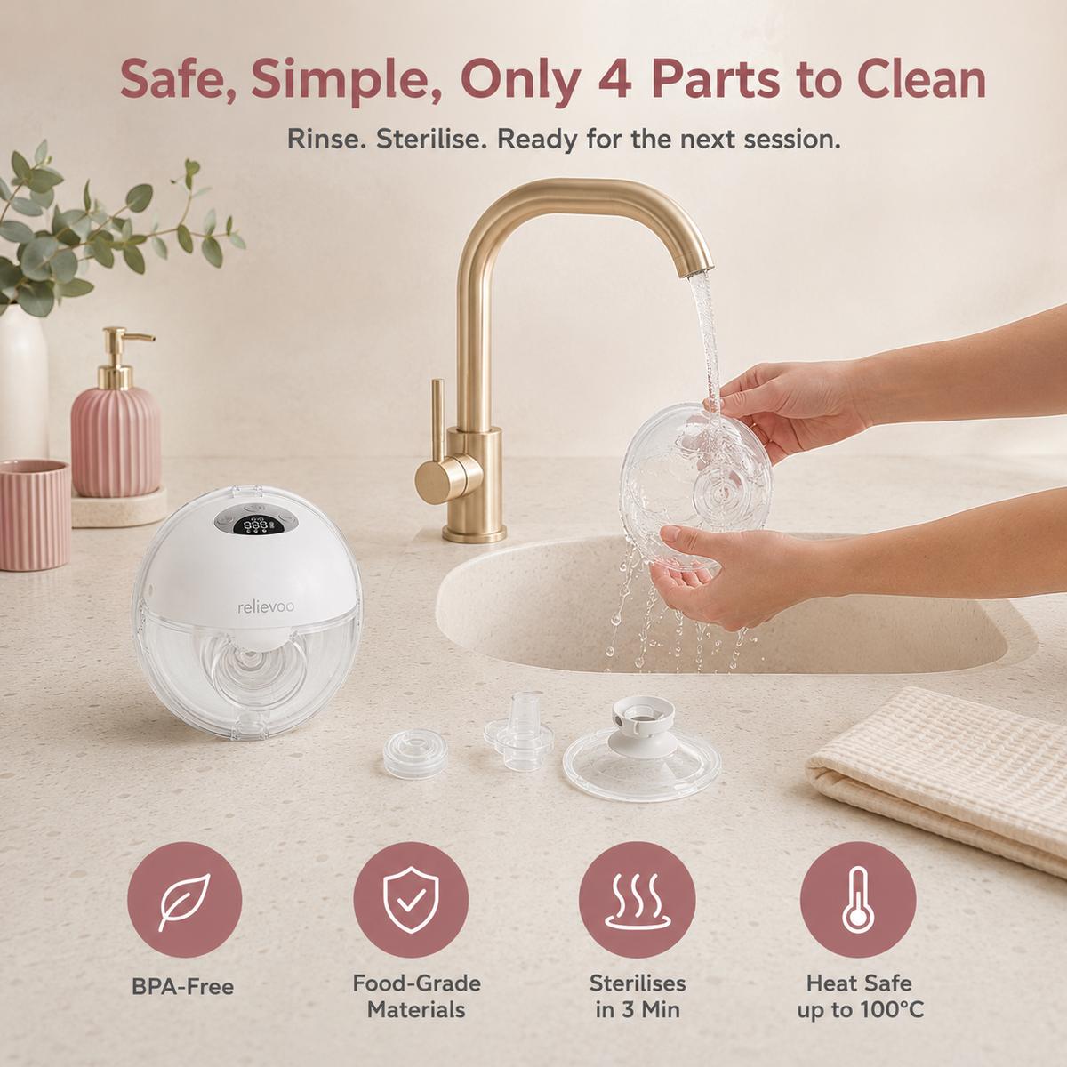 Cleaning the Relievoo M22 PRO2 wearable breast pump: only 4 parts to clean, rinsed under the tap then sterilised, BPA-free food-grade materials, heat safe up to 100C rvpumpen rvhasar