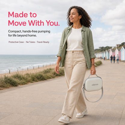 Mum walking along a British seaside promenade carrying the Relievoo M22 PRO2 breast pump in its protective travel case with shoulder strap, compact tube-free hands-free pumping on the go rvpumpen rvhasar
