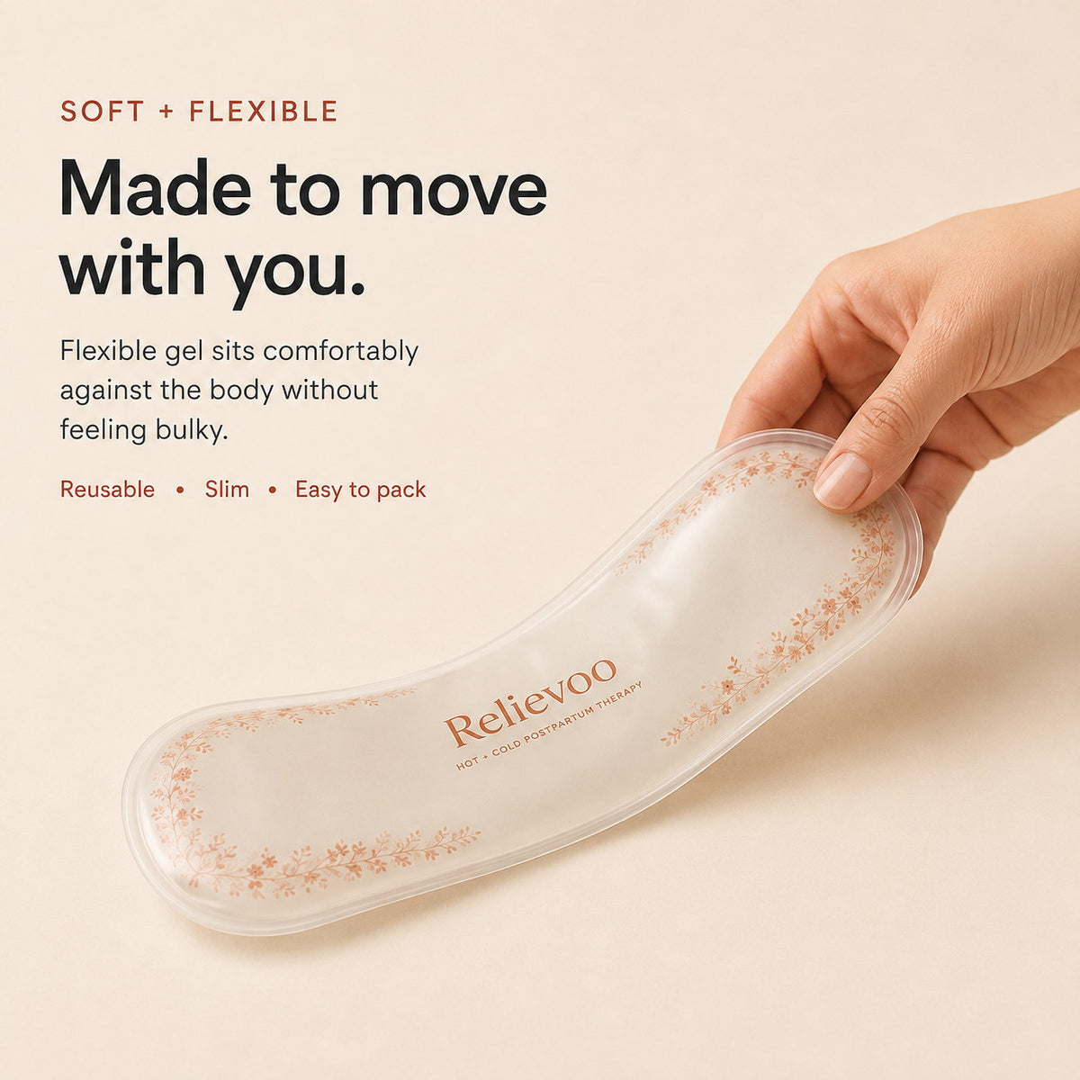 Flexible Relievoo perineal therapy pack bending in a hand so it sits comfortably against the body rvpumpen rvhasar