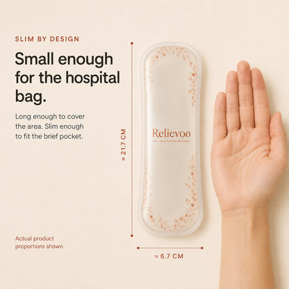 Relievoo perineal therapy pack shown next to an open hand, about 21.7 cm long and 6.7 cm wide rvpumpen rvhasar
