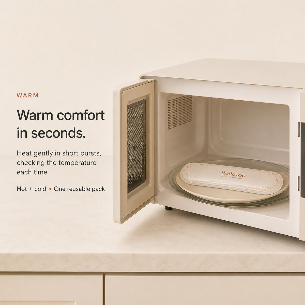 Relievoo perineal therapy pack warming on a plate inside a microwave for gentle postpartum heat rvpumpen rvhasar