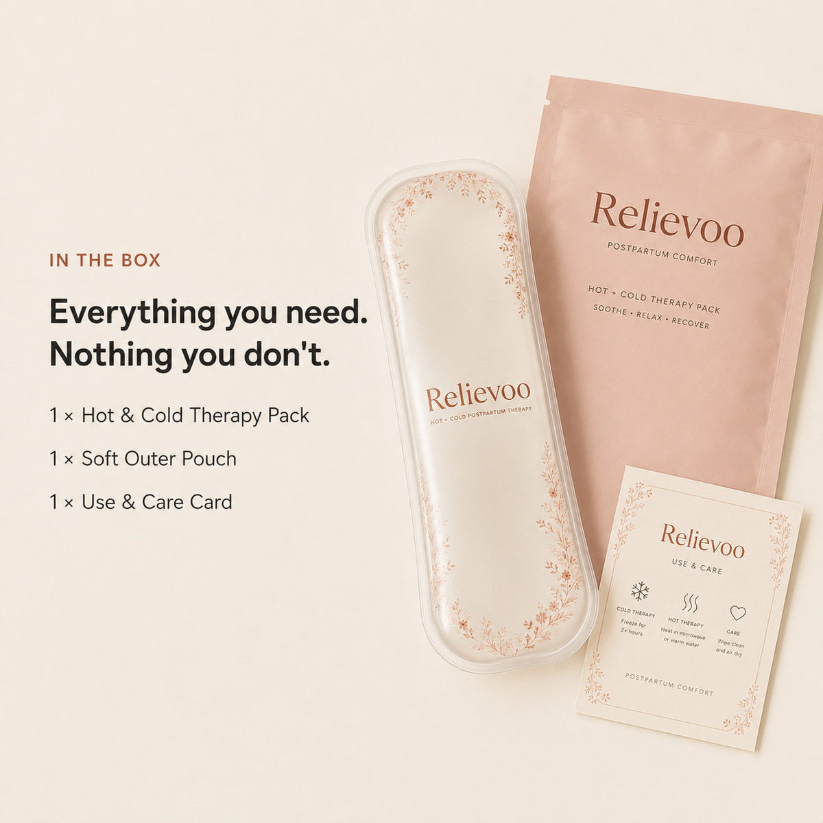 What is in the box: Relievoo perineal therapy pack, soft outer pouch and a use and care card rvpumpen rvhasar