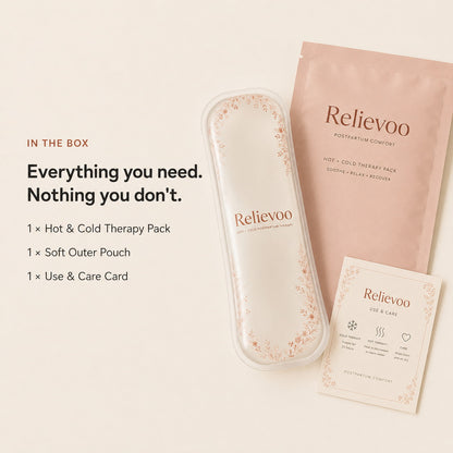 What is in the box: Relievoo perineal therapy pack, soft outer pouch and a use and care card rvpumpen rvhasar