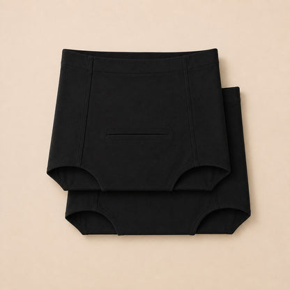Twin pack of two black postpartum soothing briefs, folded and stacked