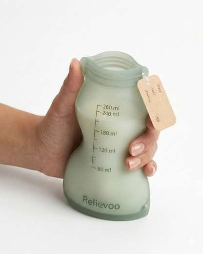 Relievoo silicone breast milk storage bag held in hand showing capacity and measurement markings
