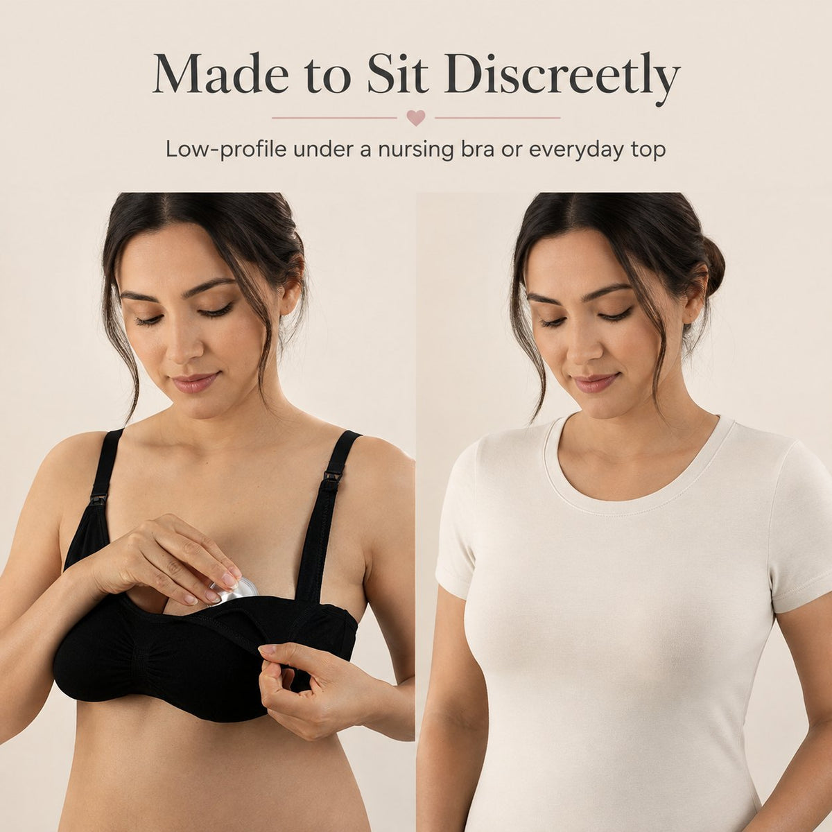 Mother wearing silver nursing cups under a black nursing bra, then unseen under a plain white tee rvpumpen rvhasar