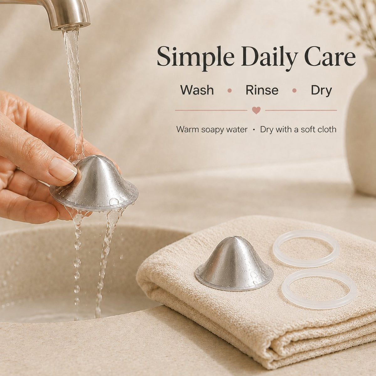 Hands washing a silver nursing cup under warm running water above a cream bathroom basin rvpumpen rvhasar