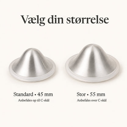 Two silver nursing cups side by side, the 45 mm regular next to the wider 55 mm large size rvpumpen rvhasar