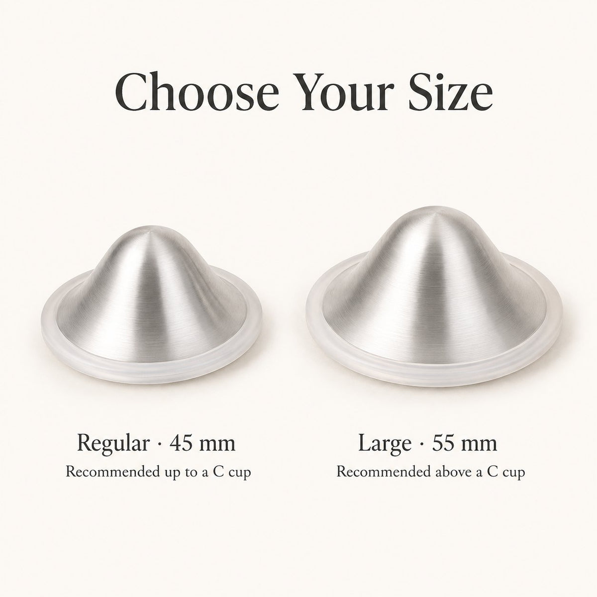 Two silver nursing cups side by side, the 45 mm regular next to the wider 55 mm large size rvpumpen rvhasar