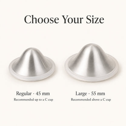 Two silver nursing cups side by side, the 45 mm regular next to the wider 55 mm large size rvpumpen rvhasar