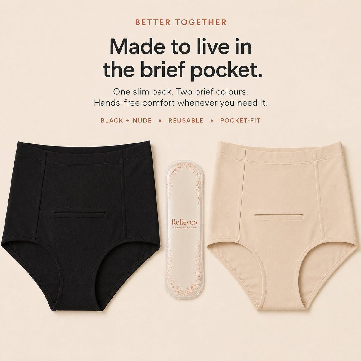 Relievoo therapy pack between black and nude postpartum briefs with a built-in front pocket rvpumpen rvhasar