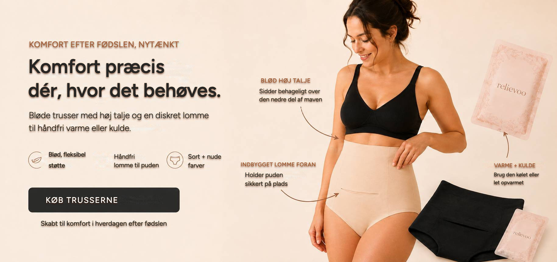 Relievoo postpartum soothing briefs in nude and black, soft high waist with a built-in front pocket that holds a hot or cold therapy pack hands-free