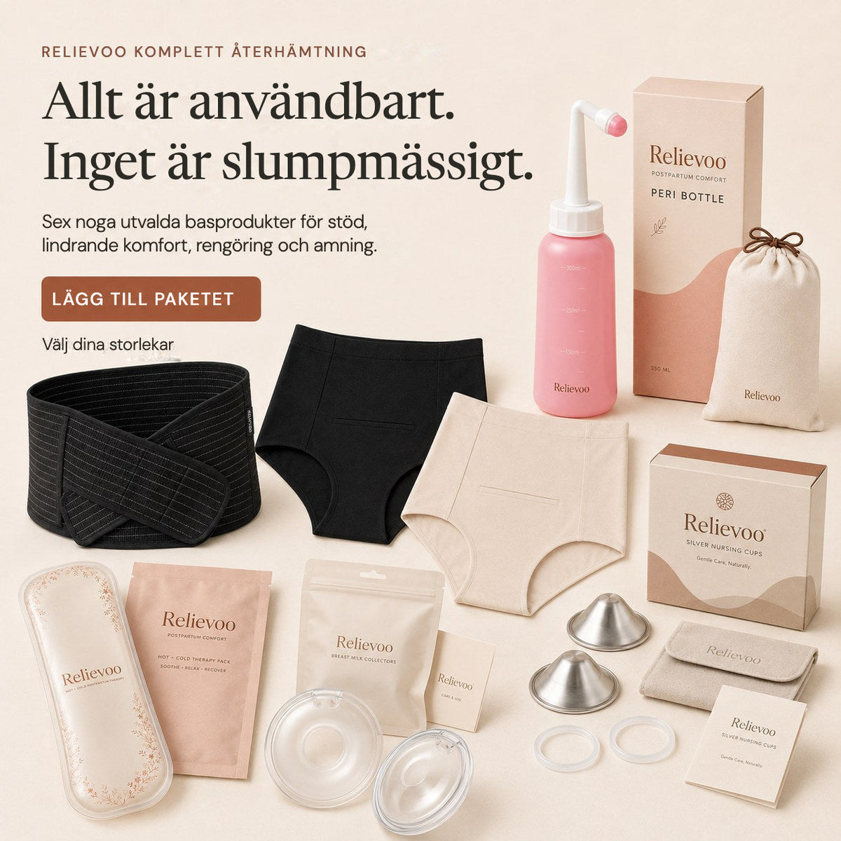 The complete Relievoo postpartum recovery bundle laid out: belly band, two briefs, therapy pack, peri bottle, two milk collectors and silver nursing cups rvpumpen rvhasar
