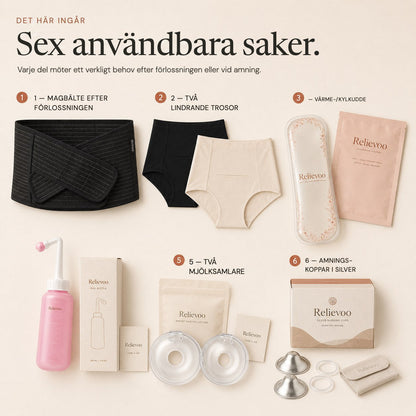 The six items in the Relievoo complete bundle numbered one to six: belly band, two soothing briefs, therapy pack, peri bottle, two milk collectors and silver nursing cups rvpumpen rvhasar