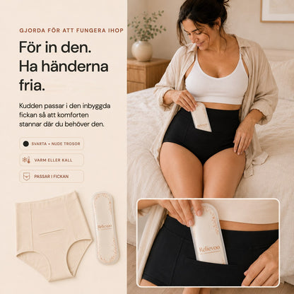 Woman sliding the Relievoo hot and cold therapy pack into the front pocket of the black soothing briefs rvpumpen rvhasar
