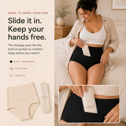 Woman sliding the Relievoo hot and cold therapy pack into the front pocket of the black soothing briefs rvpumpen rvhasar