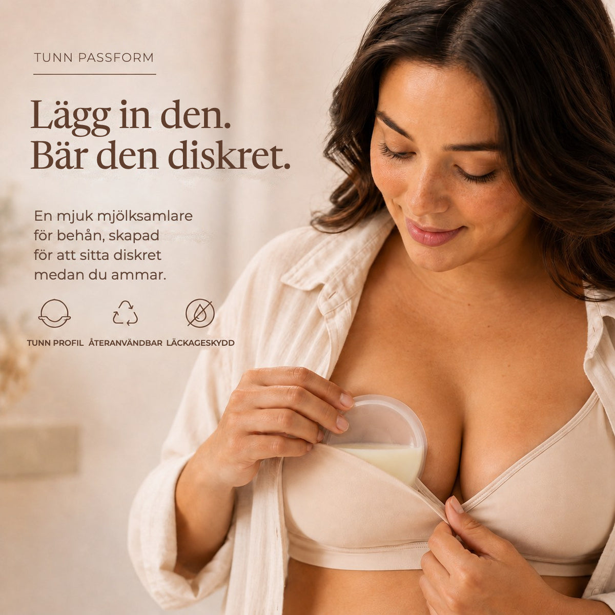 Woman slipping a soft Relievoo breast milk collector inside her nursing bra rvpumpen rvhasar