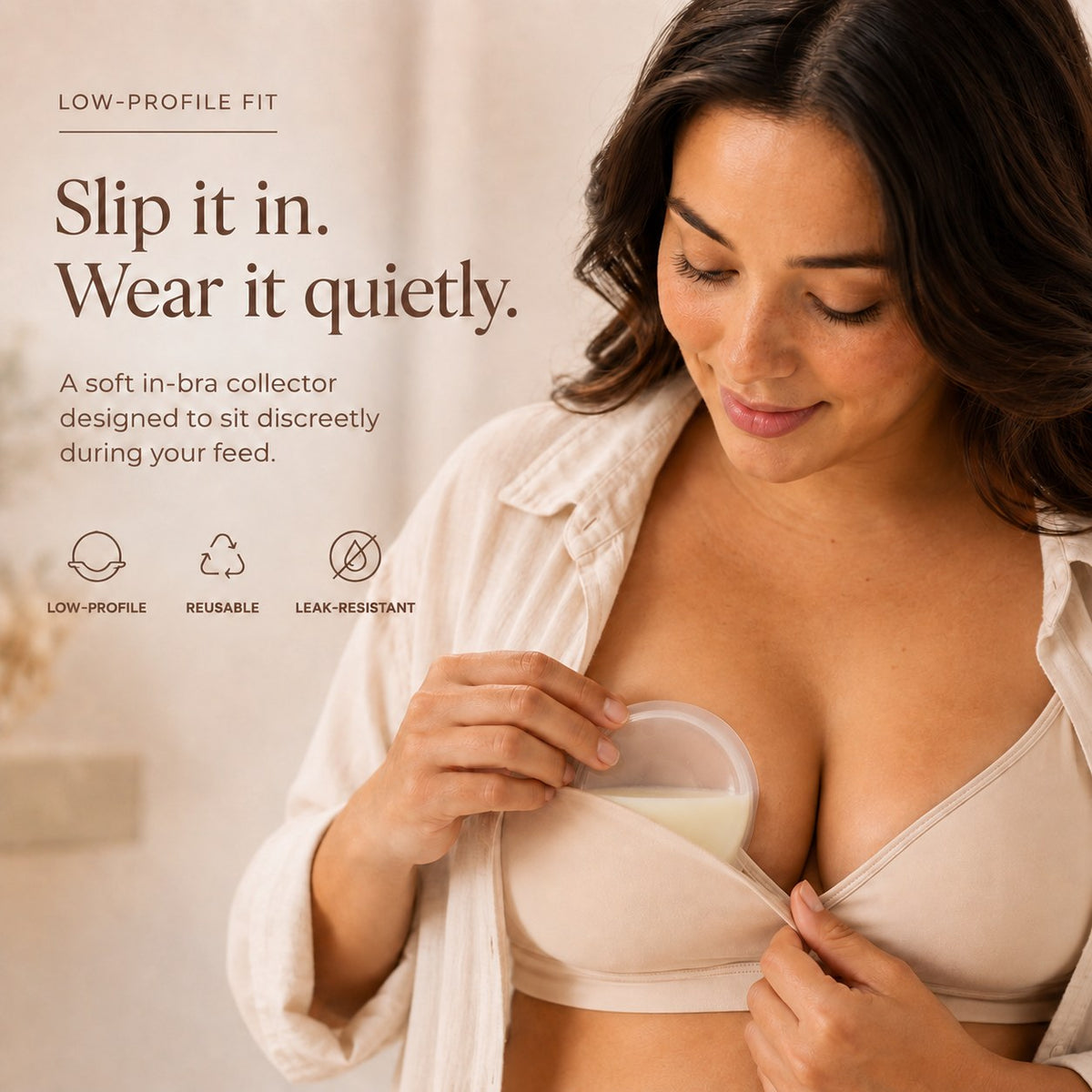 Woman slipping a soft Relievoo breast milk collector inside her nursing bra rvpumpen rvhasar