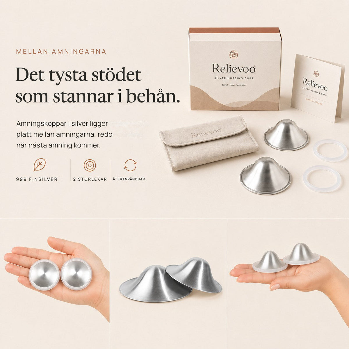 Relievoo 999 silver nursing cups shown with their box, travel pouch and silicone rings rvpumpen rvhasar