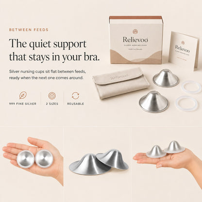 Relievoo 999 silver nursing cups shown with their box, travel pouch and silicone rings rvpumpen rvhasar