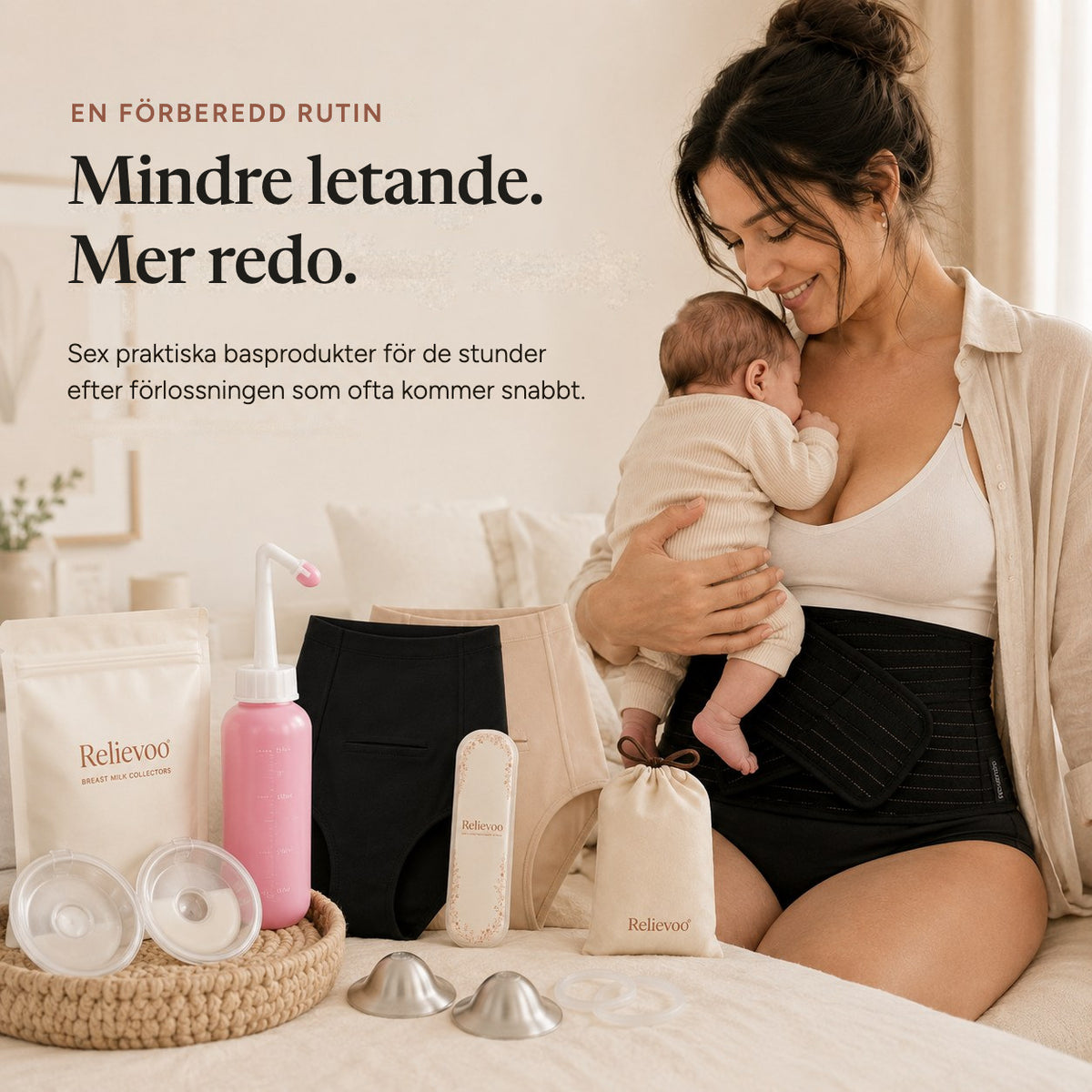 Mother holding her newborn with the six Relievoo postpartum bundle items beside her rvpumpen rvhasar