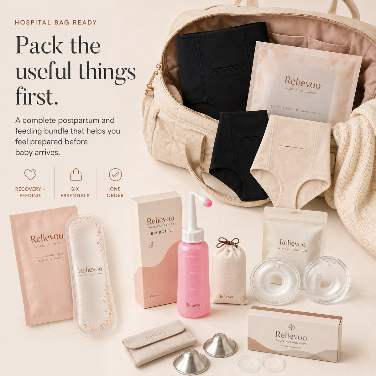 The Relievoo complete postpartum bundle packed into a hospital bag with briefs, therapy pack, peri bottle, milk collectors and silver nursing cups rvpumpen rvhasar