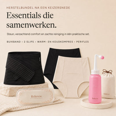 The four Relievoo C-section recovery essentials laid out together: belly band, two soothing briefs, hot and cold therapy pack and peri bottle rvpumpen rvhasar