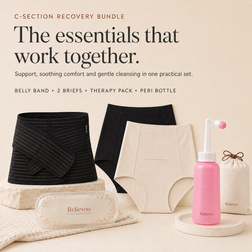 The four Relievoo C-section recovery essentials laid out together: belly band, two soothing briefs, hot and cold therapy pack and peri bottle rvpumpen rvhasar