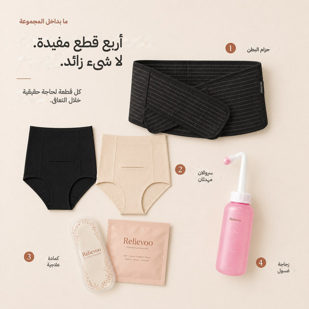The four items in the Relievoo C-section bundle numbered one to four: belly band, two soothing briefs, therapy pack and peri bottle