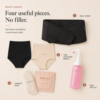 The four items in the Relievoo C-section bundle numbered one to four: belly band, two soothing briefs, therapy pack and peri bottle rvpumpen rvhasar