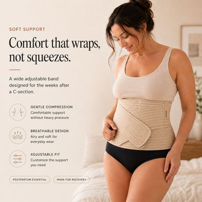 Woman wearing the tan Relievoo postpartum belly band above a caesarean scar rvpumpen rvhasar