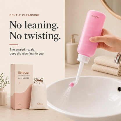 The Relievoo peri bottle in use with its box and travel pouch on a bathroom counter rvpumpen rvhasar