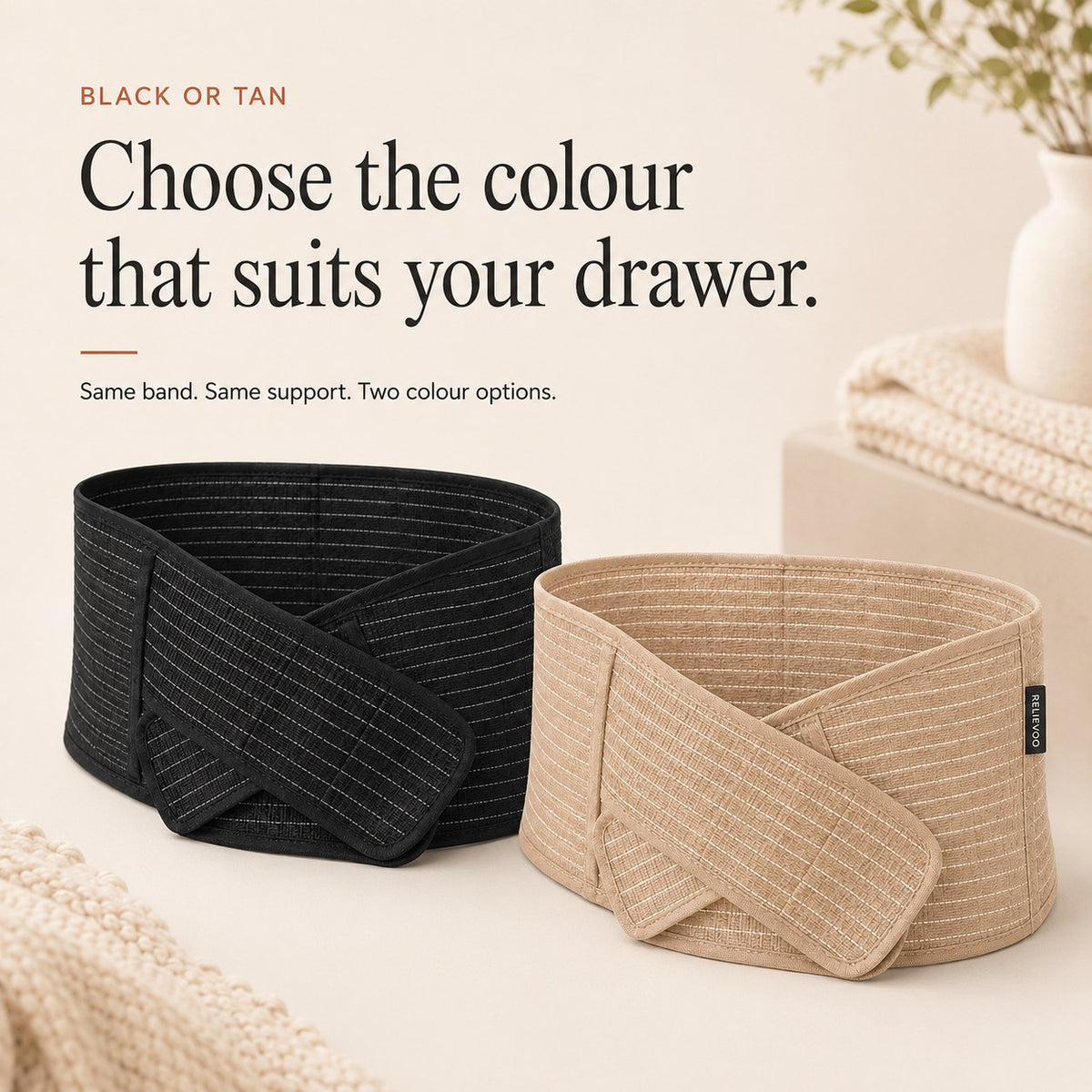 The Relievoo postpartum belly band shown side by side in black and in tan rvpumpen rvhasar